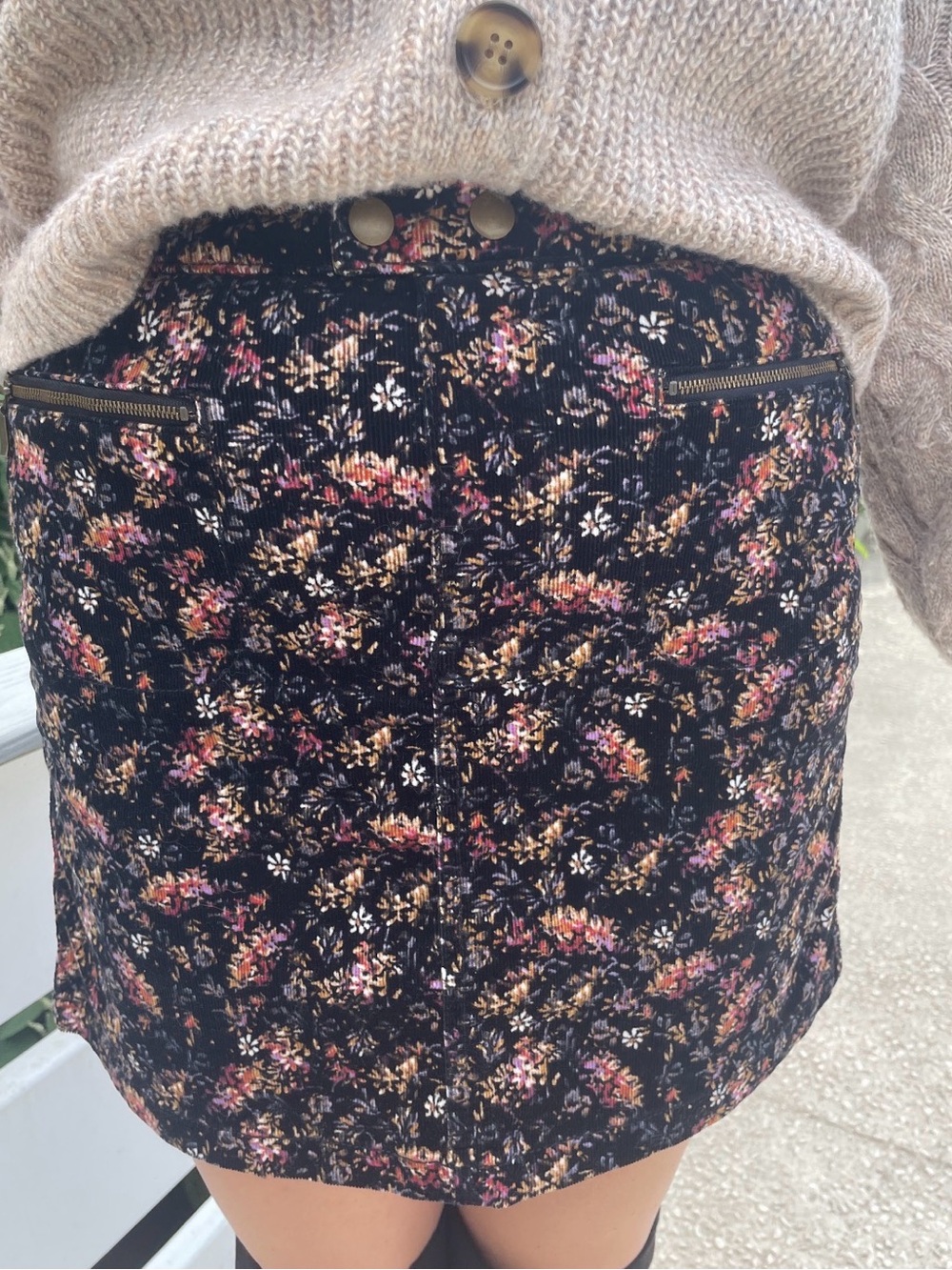 Black Floral Corduroy Mini Skirt with Zip Pockets